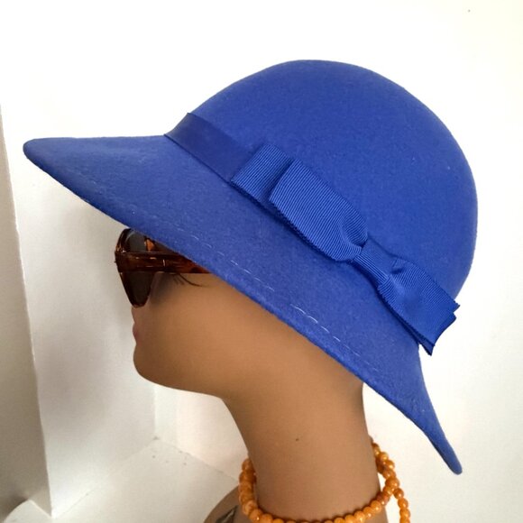 Vintage 50s USA Bollman Cloche Tilt Hat Cobalt Royal Blue Wool Felt Brim Ribbon main image 5